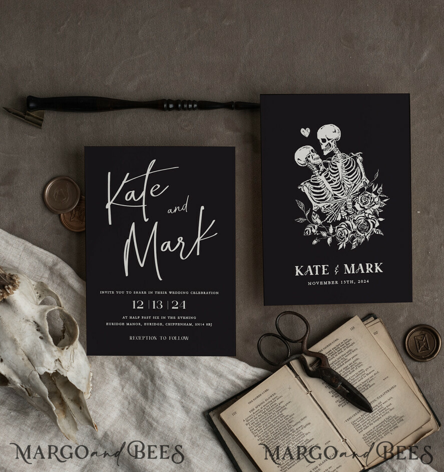 WEDDING INVITATIONS Modern Invites Floral Cards Halloween Wedding Invitations Suite, Black Invitations, Tarot Cards Invites, Gothic Wedding Invitation Cards, The Lovers Skeleton Wedding Set black