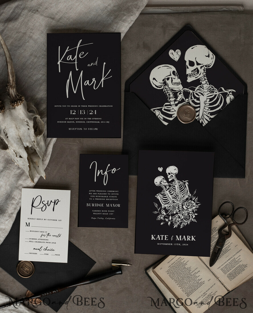 WEDDING INVITATIONS Modern Invites Floral Cards Halloween Wedding Invitations Suite, Black Invitations, Tarot Cards Invites, Gothic Wedding Invitation Cards, The Lovers Skeleton Wedding Set black