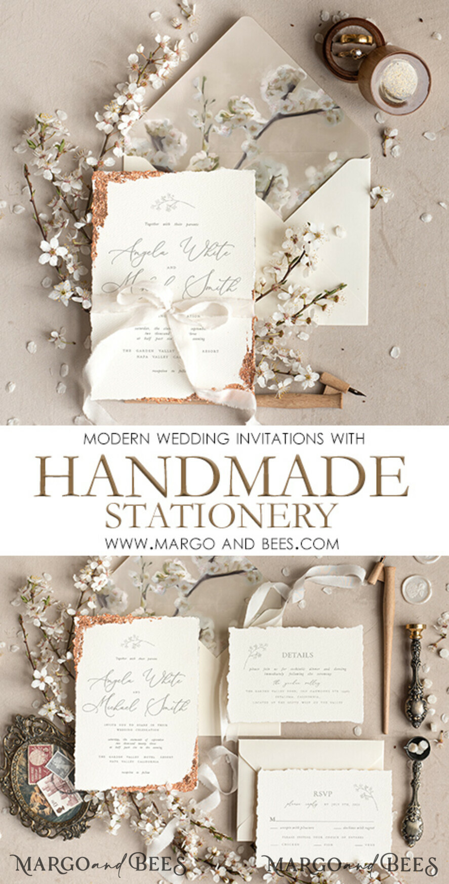 HOCHZEITS EINLADUNGEN Moderne Einladungen Florale Karten Personalisierte Hochzeitskarte mit Satinband, Elegante Hochzeitseinladungen, Fine Art Hochzeitskarten-Set, Hochzeitskarten aus goldenem, gezacktem Papier.