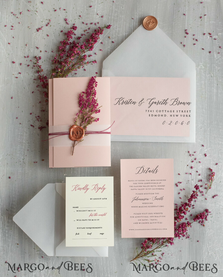 WEDDING INVITATIONS Modern Invites Floral Cards  Romantic Blush Pink Wedding Invitations, Elegant Wedding Invitation Suite With Heather, Delicate Vellum Wedding Invites, Minimalistic Wedding Cards