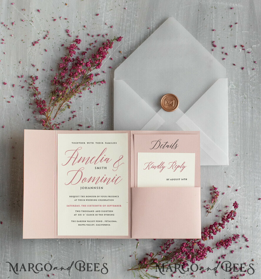 WEDDING INVITATIONS Modern Invites Floral Cards  Romantic Blush Pink Wedding Invitations, Elegant Wedding Invitation Suite With Heather, Delicate Vellum Wedding Invites, Minimalistic Wedding Cards