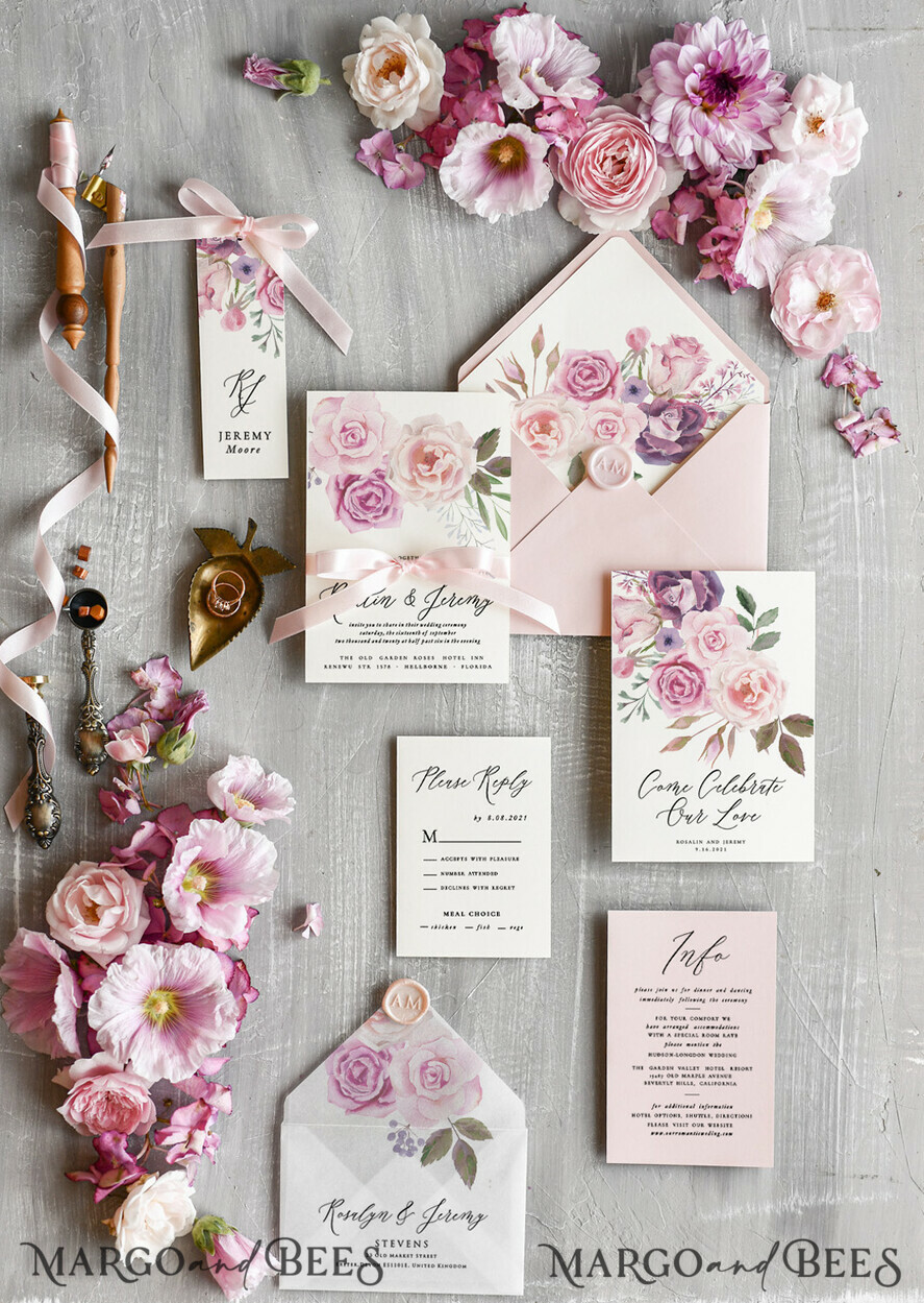 Modern vellum floral wedding invite with dusty blue ribbon spring