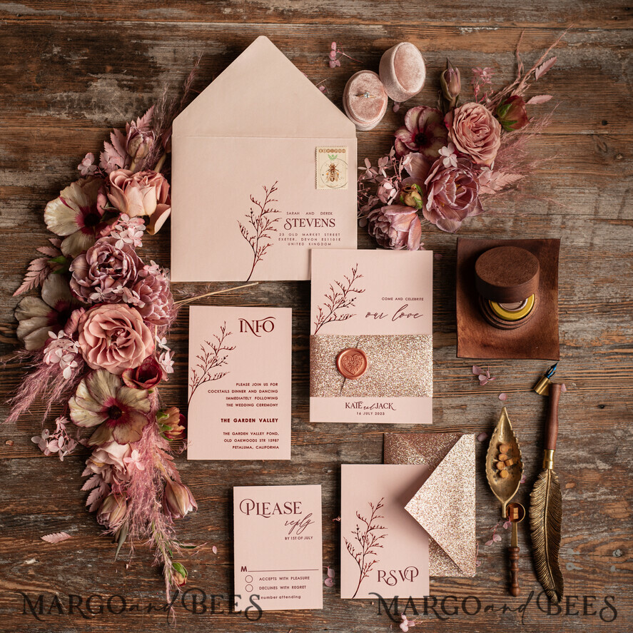 WEDDING INVITATIONS Modern Invites Floral Cards Rose Gold Glitter wedding invitations, Blush Pink wedding invitation Suite • Luxury Wedding Invitation Suite • Minimalistic  wedding Stationery