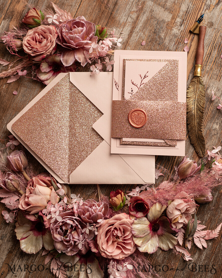 WEDDING INVITATIONS Modern Invites Floral Cards Rose Gold Glitter wedding invitations, Blush Pink wedding invitation Suite • Luxury Wedding Invitation Suite • Minimalistic  wedding Stationery