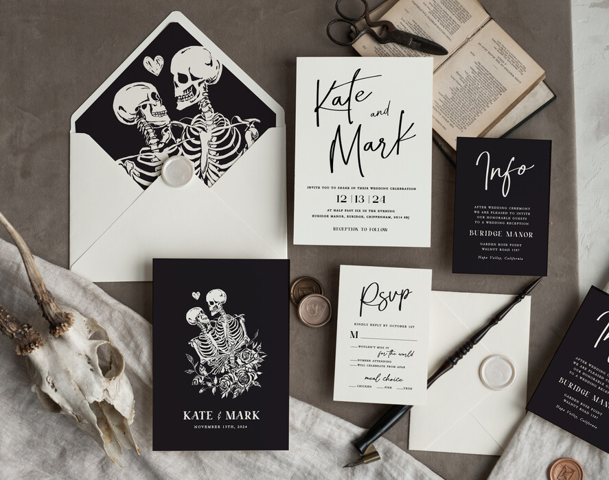WEDDING INVITATIONS Modern Invites Floral Cards Halloween Wedding Invitations Suite, Black Invitations, Tarot Cards Invites, Gothic Wedding Invitation Cards, The Lovers Skeleton Wedding Set black