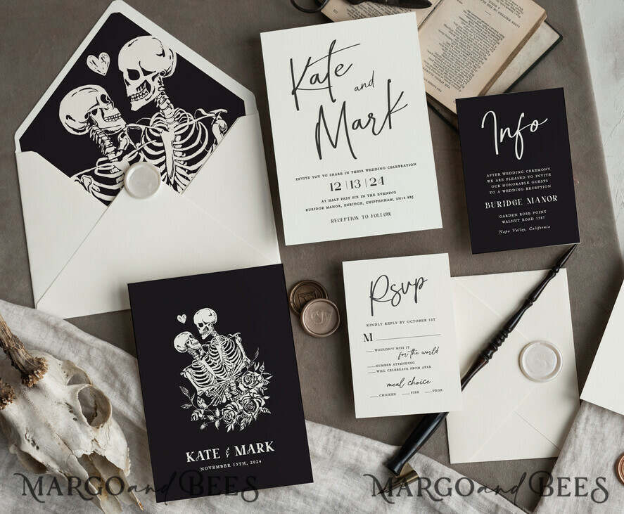 WEDDING INVITATIONS Modern Invites Floral Cards Halloween Wedding Invitations Suite, Black Invitations, Tarot Cards Invites, Gothic Wedding Invitation Cards, The Lovers Skeleton Wedding Set black