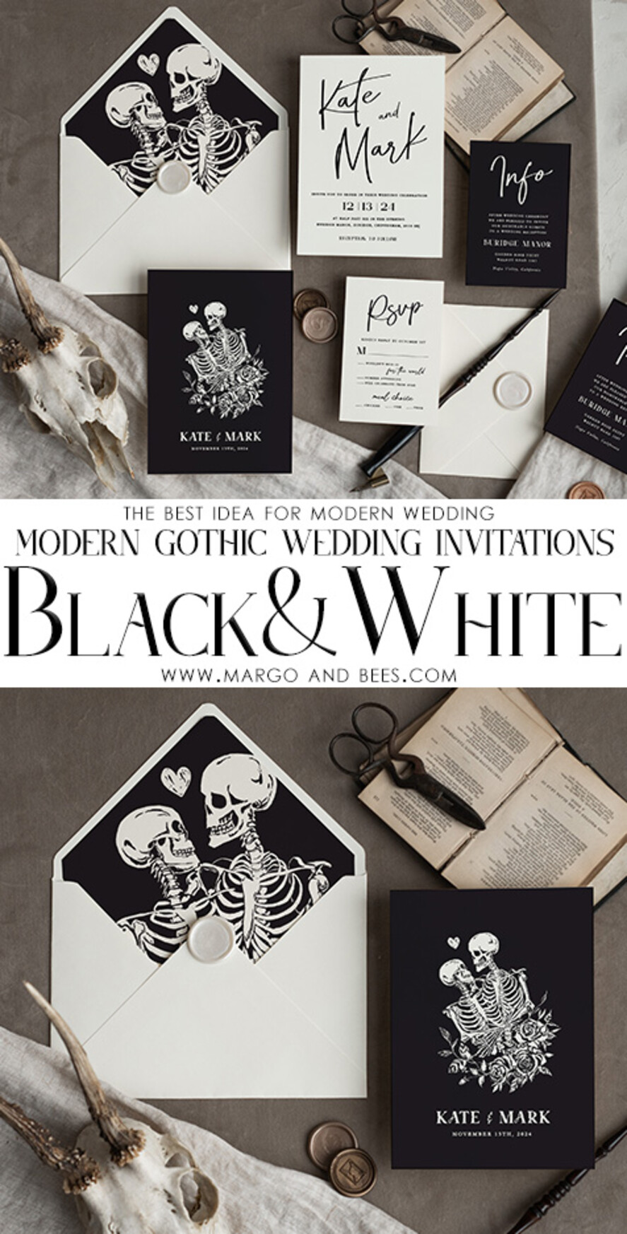 WEDDING INVITATIONS Modern Invites Floral Cards Halloween Wedding Invitations Suite, Black Invitations, Tarot Cards Invites, Gothic Wedding Invitation Cards, The Lovers Skeleton Wedding Set black