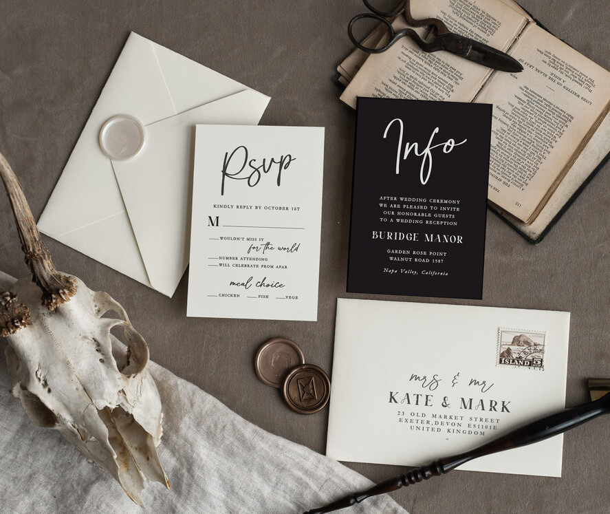 WEDDING INVITATIONS Modern Invites Floral Cards Halloween Wedding Invitations Suite, Black Invitations, Tarot Cards Invites, Gothic Wedding Invitation Cards, The Lovers Skeleton Wedding Set black