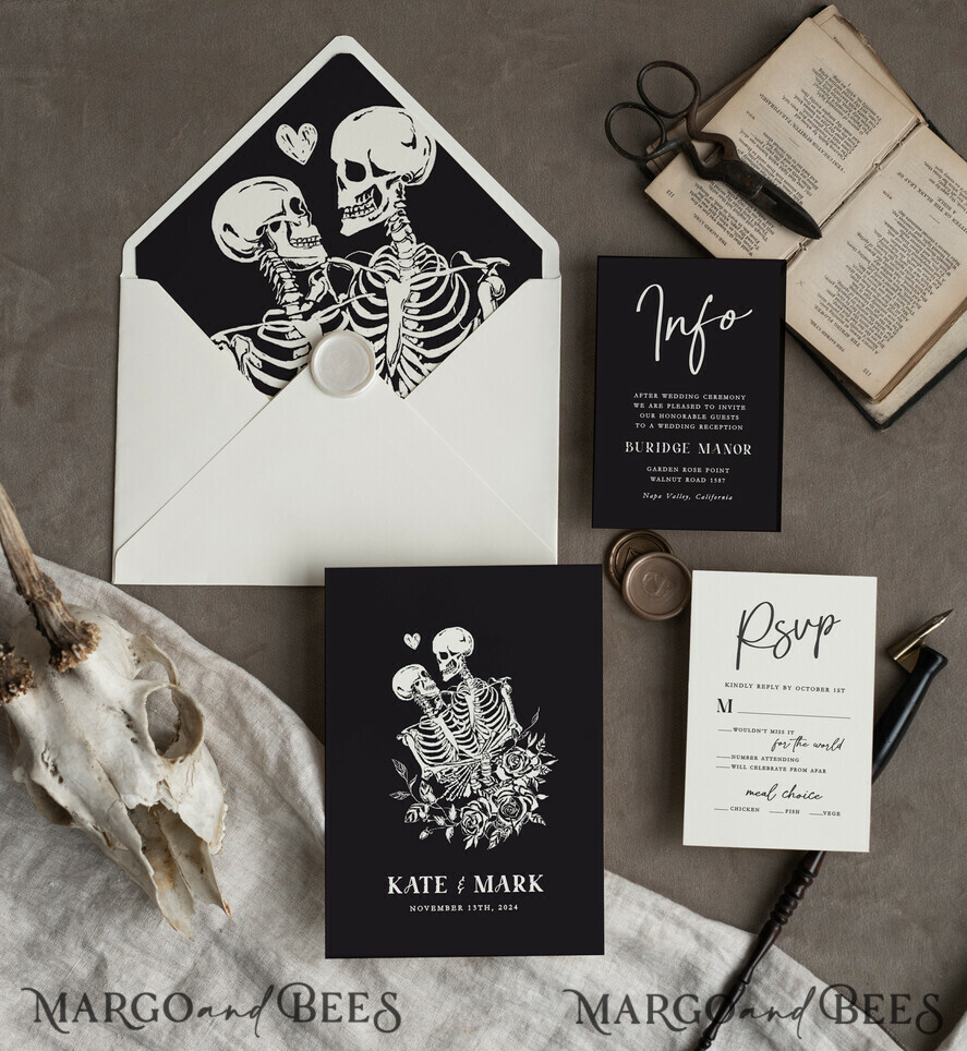WEDDING INVITATIONS Modern Invites Floral Cards Halloween Wedding Invitations Suite, Black Invitations, Tarot Cards Invites, Gothic Wedding Invitation Cards, The Lovers Skeleton Wedding Set black