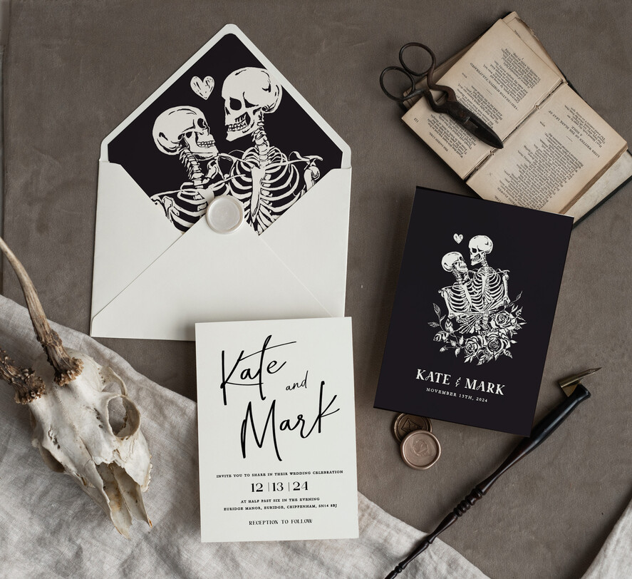 WEDDING INVITATIONS Modern Invites Floral Cards Halloween Wedding Invitations Suite, Black Invitations, Tarot Cards Invites, Gothic Wedding Invitation Cards, The Lovers Skeleton Wedding Set black