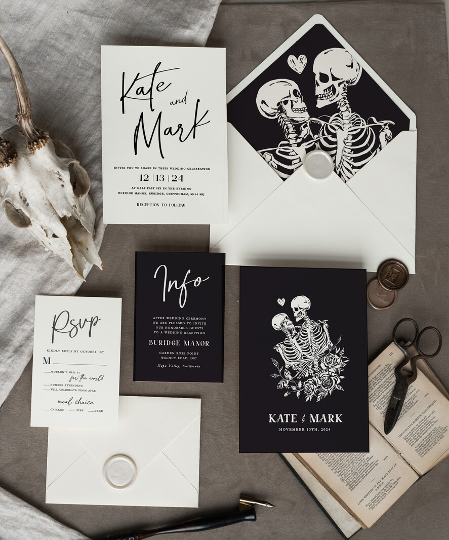 WEDDING INVITATIONS Modern Invites Floral Cards Halloween Wedding Invitations Suite, Black Invitations, Tarot Cards Invites, Gothic Wedding Invitation Cards, The Lovers Skeleton Wedding Set black