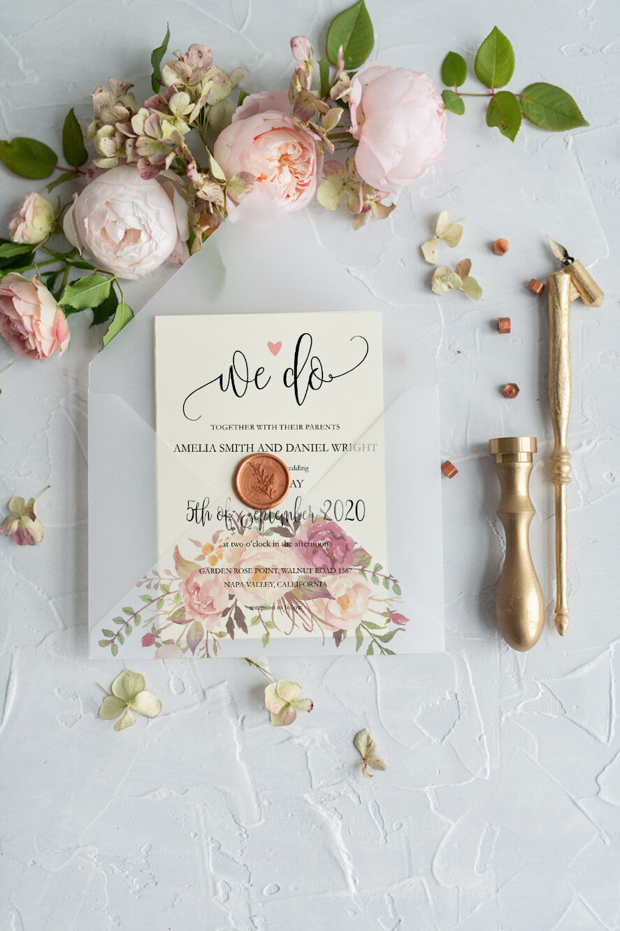 WEDDING INVITATIONS Modern Invites Floral Cards Blush pink wedding invitations, floral wedding invitations, floral wedding stationery, floral wedding accessories, blush pink envelope, pink ribbon, pink bow, calligraphy, we do wedding cards, ecru wedding invitations, peony wedding invitations, ecru wedding stationery, peonies, spring flowers, spring wedding invitations, leaves, modern wedding invitations, spring wedding, romantic wedding invitations, watercolor wedding invitations, watercolor