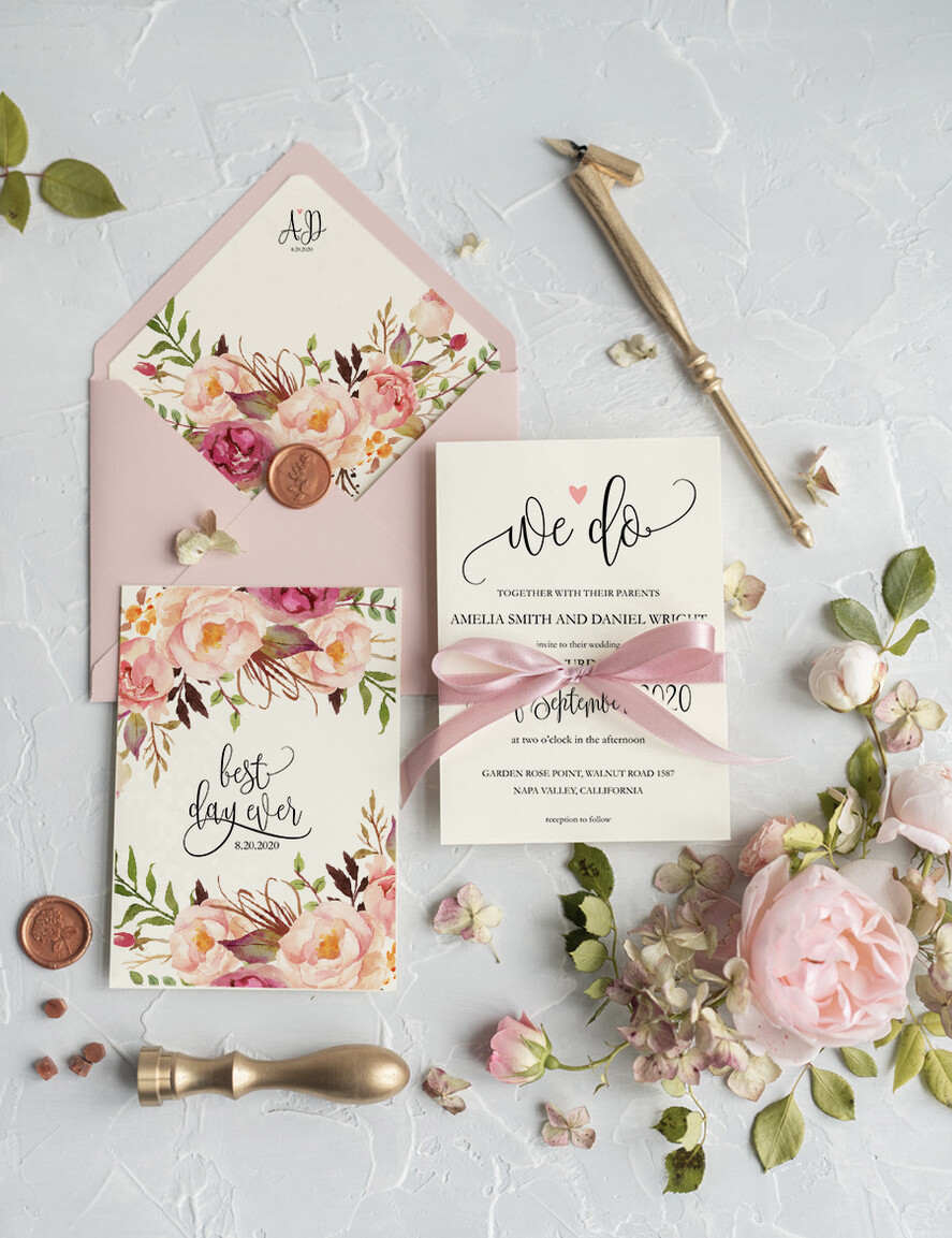 WEDDING INVITATIONS Modern Invites Floral Cards Blush pink wedding invitations, floral wedding invitations, floral wedding stationery, floral wedding accessories, blush pink envelope, pink ribbon, pink bow, calligraphy, we do wedding cards, ecru wedding invitations, peony wedding invitations, ecru wedding stationery, peonies, spring flowers, spring wedding invitations, leaves, modern wedding invitations, spring wedding, romantic wedding invitations, watercolor wedding invitations, watercolor