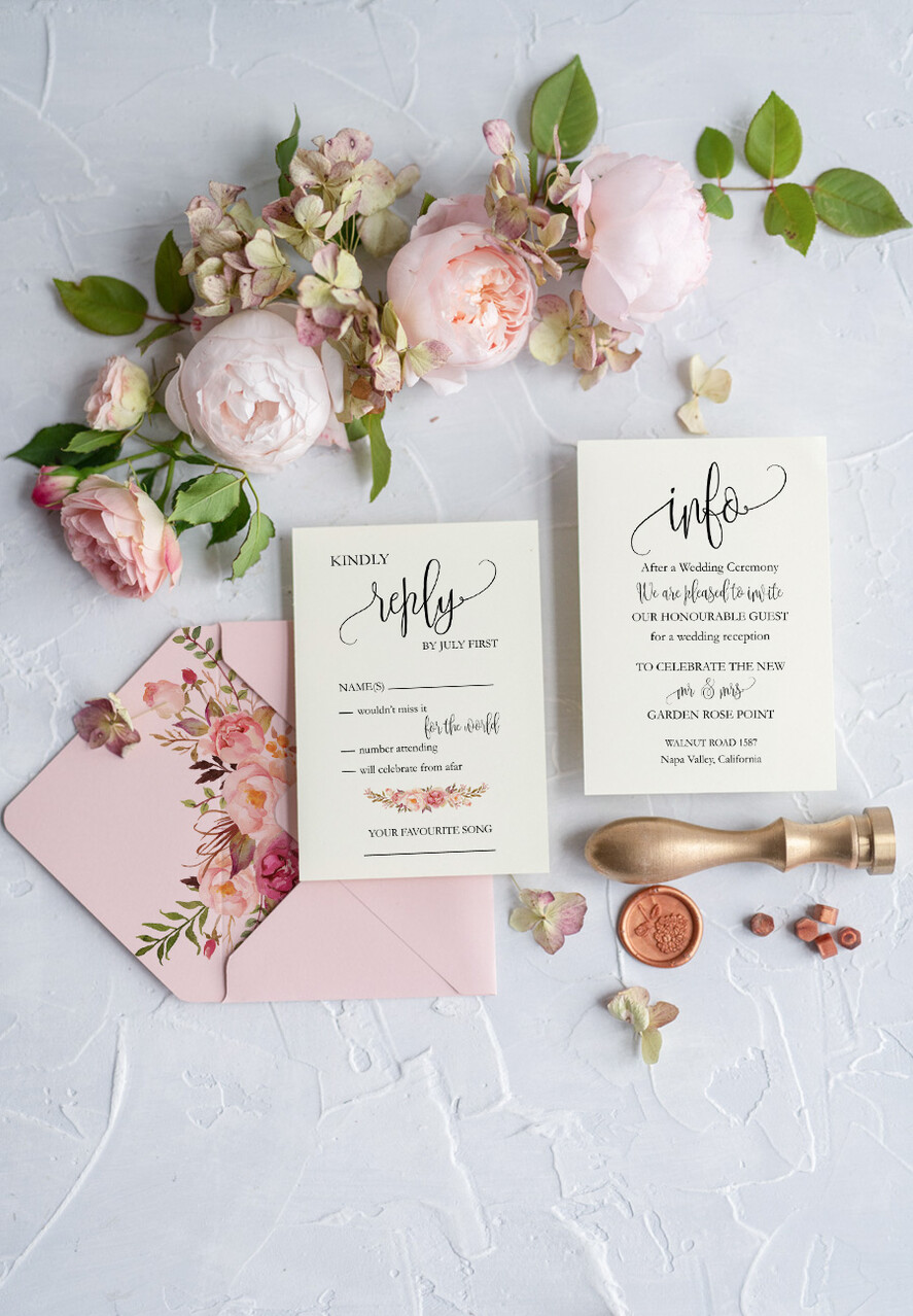 WEDDING INVITATIONS Modern Invites Floral Cards Blush pink wedding invitations, floral wedding invitations, floral wedding stationery, floral wedding accessories, blush pink envelope, pink ribbon, pink bow, calligraphy, we do wedding cards, ecru wedding invitations, peony wedding invitations, ecru wedding stationery, peonies, spring flowers, spring wedding invitations, leaves, modern wedding invitations, spring wedding, romantic wedding invitations, watercolor wedding invitations, watercolor