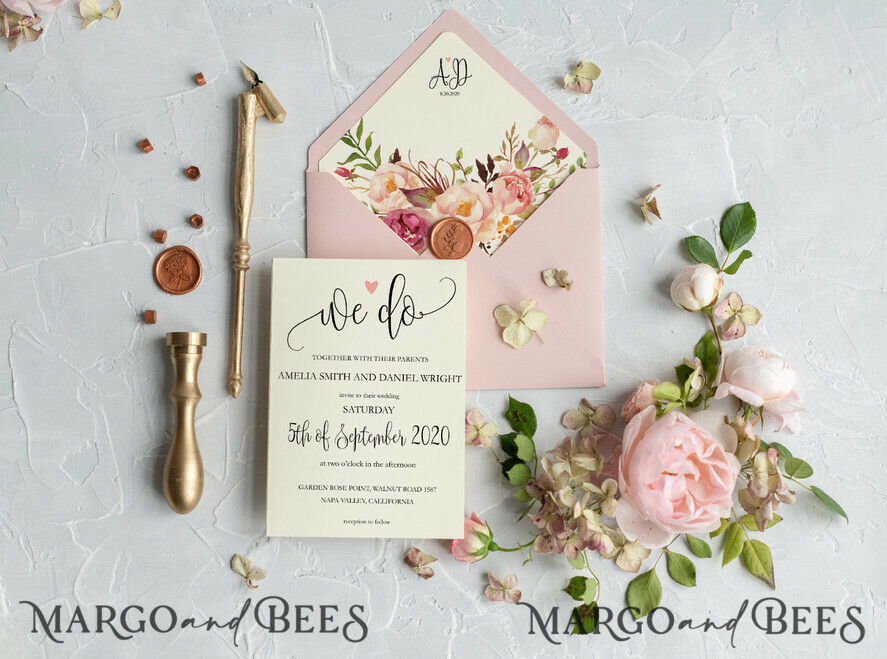 WEDDING INVITATIONS Modern Invites Floral Cards Blush pink wedding invitations, floral wedding invitations, floral wedding stationery, floral wedding accessories, blush pink envelope, pink ribbon, pink bow, calligraphy, we do wedding cards, ecru wedding invitations, peony wedding invitations, ecru wedding stationery, peonies, spring flowers, spring wedding invitations, leaves, modern wedding invitations, spring wedding, romantic wedding invitations, watercolor wedding invitations, watercolor