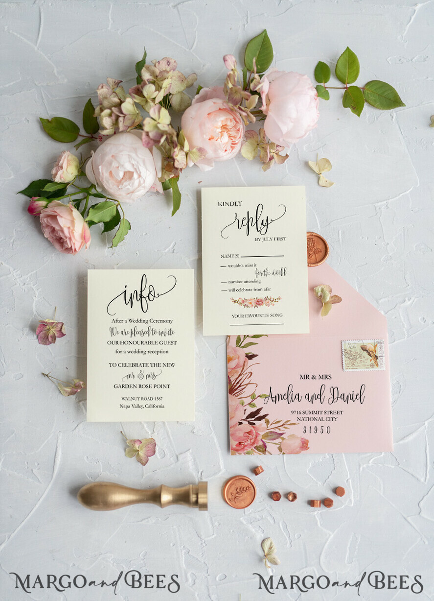 WEDDING INVITATIONS Modern Invites Floral Cards Blush pink wedding invitations, floral wedding invitations, floral wedding stationery, floral wedding accessories, blush pink envelope, pink ribbon, pink bow, calligraphy, we do wedding cards, ecru wedding invitations, peony wedding invitations, ecru wedding stationery, peonies, spring flowers, spring wedding invitations, leaves, modern wedding invitations, spring wedding, romantic wedding invitations, watercolor wedding invitations, watercolor