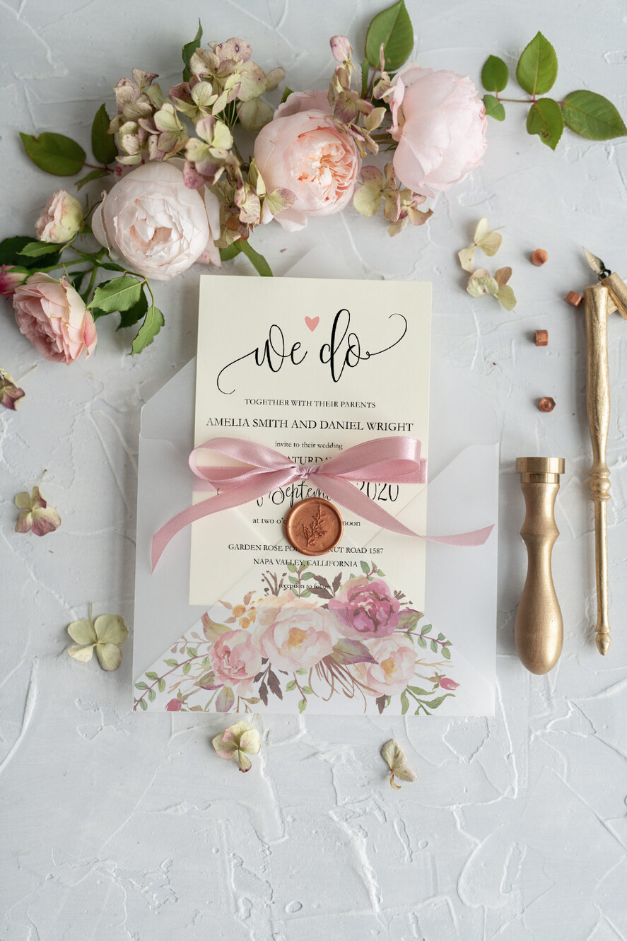 WEDDING INVITATIONS Modern Invites Floral Cards Blush pink wedding invitations, floral wedding invitations, floral wedding stationery, floral wedding accessories, blush pink envelope, pink ribbon, pink bow, calligraphy, we do wedding cards, ecru wedding invitations, peony wedding invitations, ecru wedding stationery, peonies, spring flowers, spring wedding invitations, leaves, modern wedding invitations, spring wedding, romantic wedding invitations, watercolor wedding invitations, watercolor