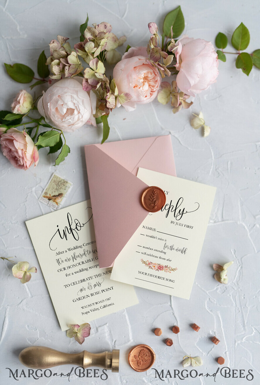 WEDDING INVITATIONS Modern Invites Floral Cards Blush pink wedding invitations, floral wedding invitations, floral wedding stationery, floral wedding accessories, blush pink envelope, pink ribbon, pink bow, calligraphy, we do wedding cards, ecru wedding invitations, peony wedding invitations, ecru wedding stationery, peonies, spring flowers, spring wedding invitations, leaves, modern wedding invitations, spring wedding, romantic wedding invitations, watercolor wedding invitations, watercolor