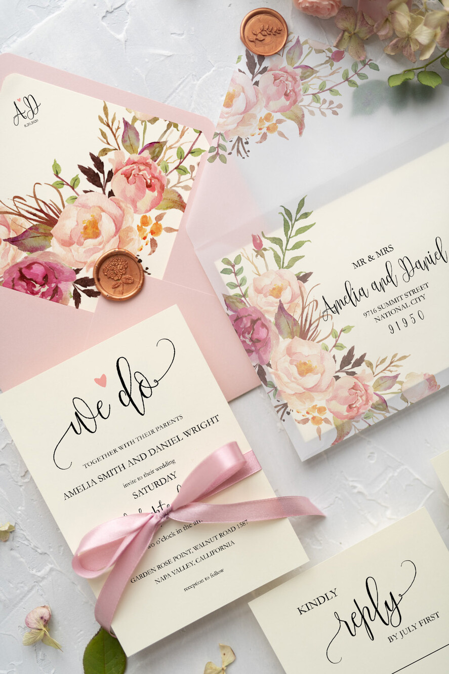 WEDDING INVITATIONS Modern Invites Floral Cards Blush pink wedding invitations, floral wedding invitations, floral wedding stationery, floral wedding accessories, blush pink envelope, pink ribbon, pink bow, calligraphy, we do wedding cards, ecru wedding invitations, peony wedding invitations, ecru wedding stationery, peonies, spring flowers, spring wedding invitations, leaves, modern wedding invitations, spring wedding, romantic wedding invitations, watercolor wedding invitations, watercolor