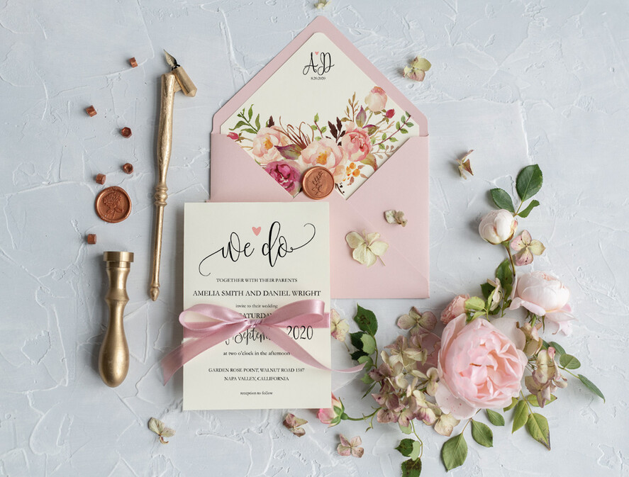 WEDDING INVITATIONS Modern Invites Floral Cards Blush pink wedding invitations, floral wedding invitations, floral wedding stationery, floral wedding accessories, blush pink envelope, pink ribbon, pink bow, calligraphy, we do wedding cards, ecru wedding invitations, peony wedding invitations, ecru wedding stationery, peonies, spring flowers, spring wedding invitations, leaves, modern wedding invitations, spring wedding, romantic wedding invitations, watercolor wedding invitations, watercolor