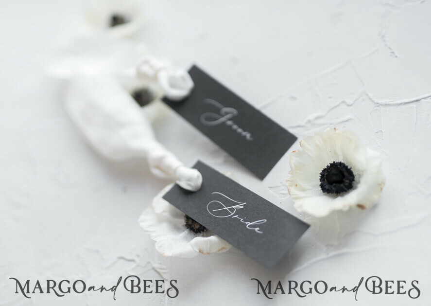Luxury Black Wedding Table Place Cards with White Silk Ribbon Custom Wording Classy Black Wedding Place Cards Romantic Name Tags for Your Wedding