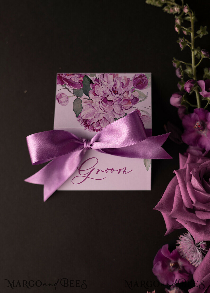 Elegant Wedding Place Cards With Purple Ribbon, Glamour Purple