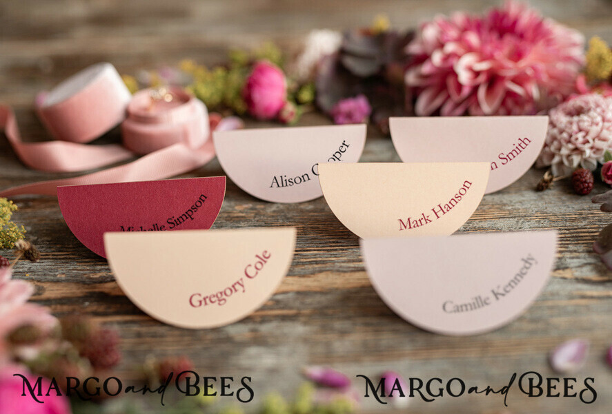 Minimalistic White Wedding Place Cards with Pink Twine and Wooden