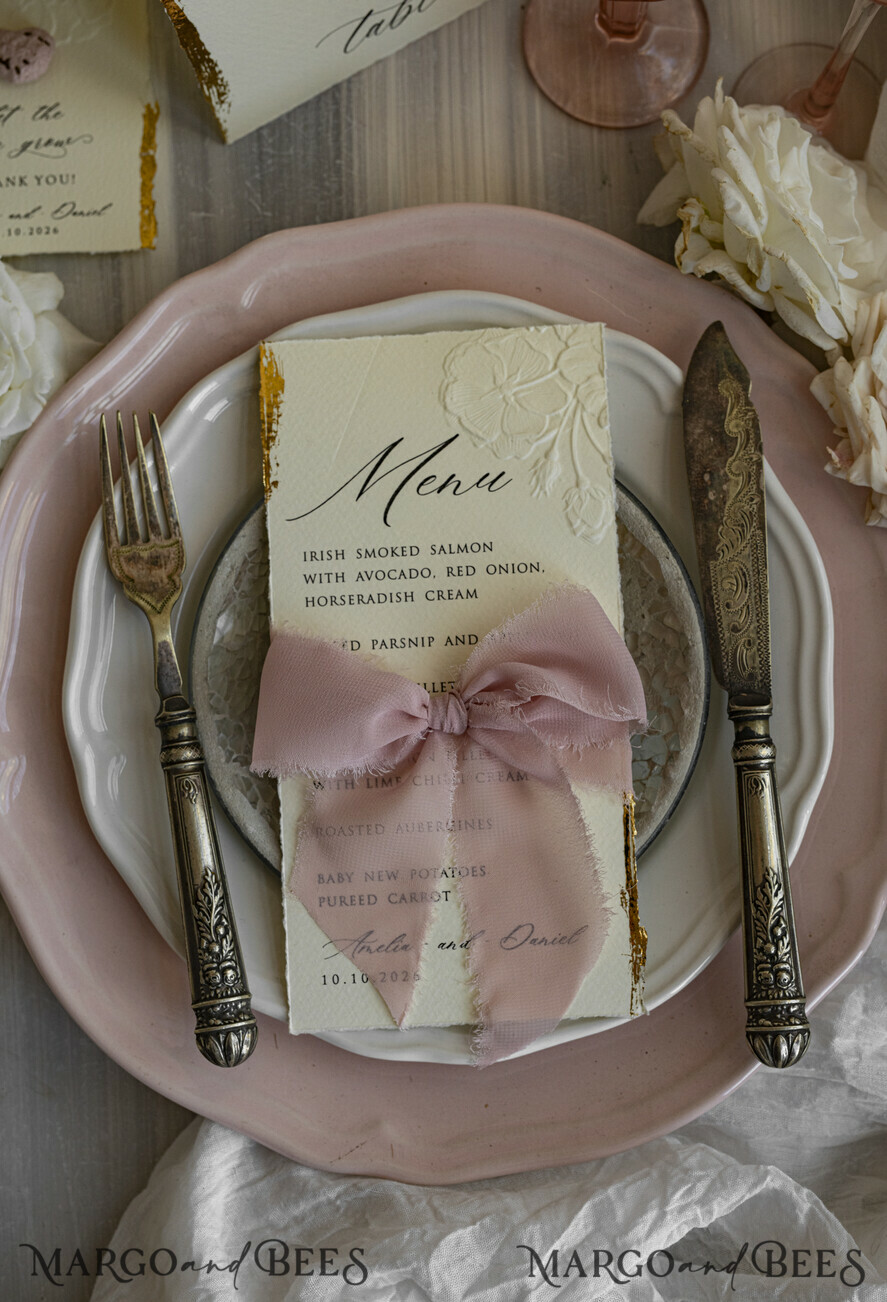 MENU & PROGRAMS romantic Embossed Floral Wedding Menu, Luxury Ecru Dinner Menu, Chiffon Ribbon Wedding Menu, Elegant Reception Menu Cards