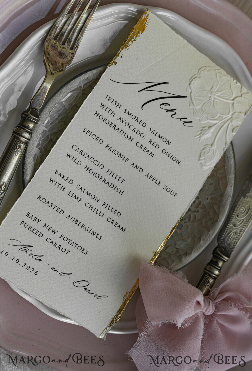 MENU & PROGRAMS romantic Embossed Floral Wedding Menu, Luxury Ecru Dinner Menu, Chiffon Ribbon Wedding Menu, Elegant Reception Menu Cards