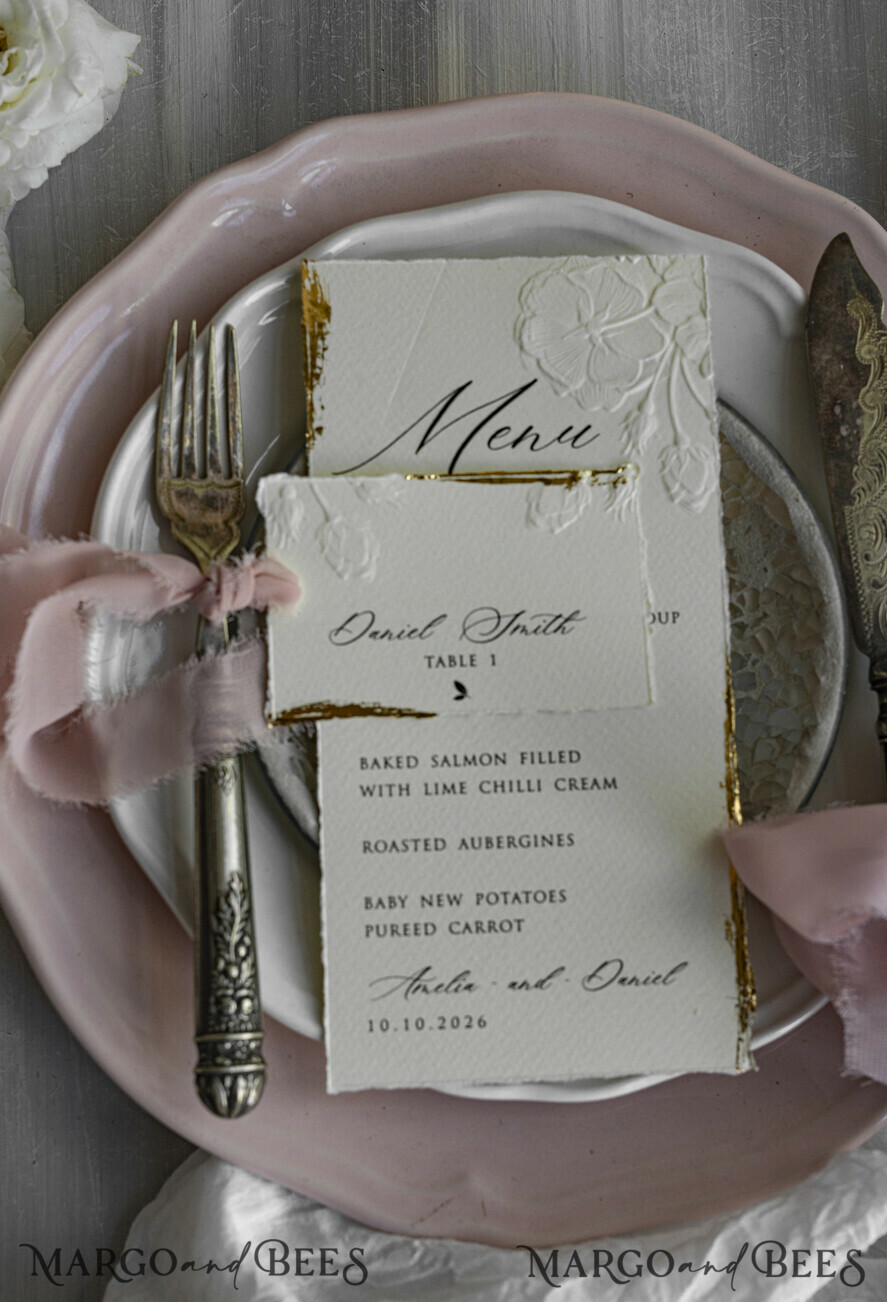 MENU & PROGRAMS romantic Embossed Floral Wedding Menu, Luxury Ecru Dinner Menu, Chiffon Ribbon Wedding Menu, Elegant Reception Menu Cards