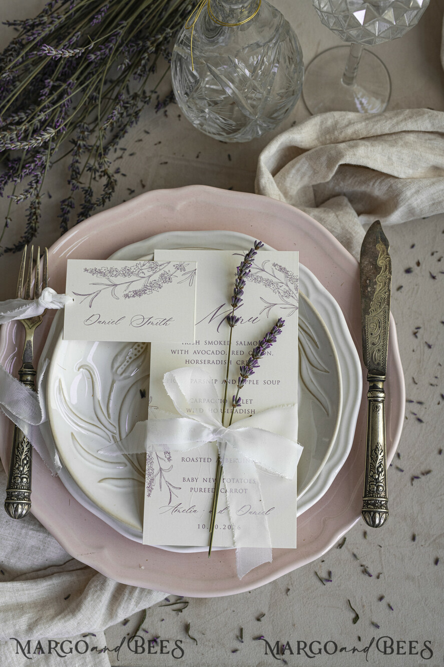 MENU & PROGRAMS romantic Lavender Floral Wedding Menu, Luxury Ecru Dinner Menu, Chiffon Ribbon Wedding Menu, Elegant Reception Menu Cards