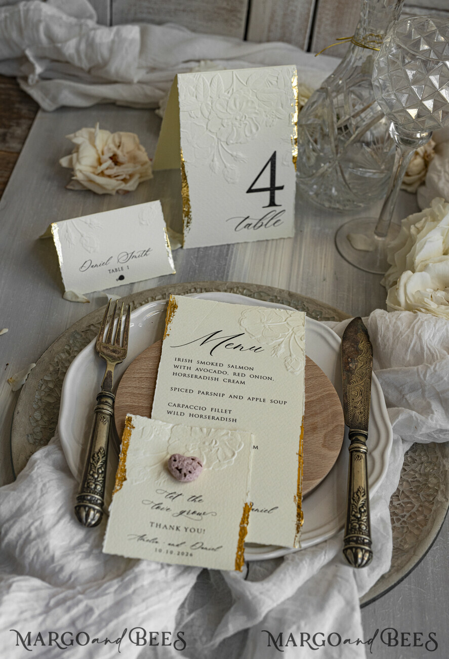 MENU & PROGRAMS romantic Embossed Floral Wedding Menu, Luxury Ecru Dinner Menu, Chiffon Ribbon Wedding Menu, Elegant Reception Menu Cards