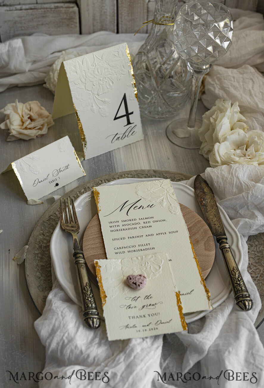 MENU & PROGRAMS romantic Embossed Floral Wedding Menu, Luxury Ecru Dinner Menu, Chiffon Ribbon Wedding Menu, Elegant Reception Menu Cards