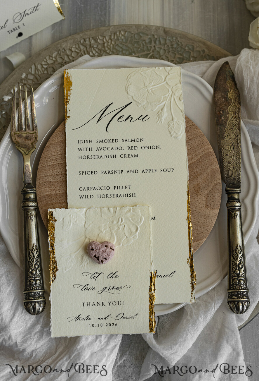 MENU & PROGRAMS romantic Embossed Floral Wedding Menu, Luxury Ecru Dinner Menu, Chiffon Ribbon Wedding Menu, Elegant Reception Menu Cards