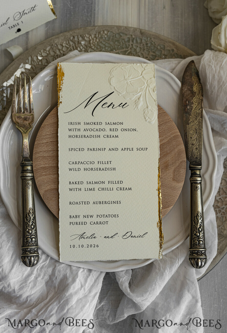 MENU & PROGRAMS romantic Embossed Floral Wedding Menu, Luxury Ecru Dinner Menu, Chiffon Ribbon Wedding Menu, Elegant Reception Menu Cards