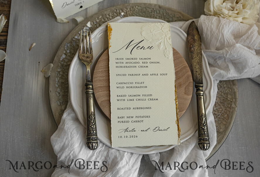 MENU & PROGRAMS romantic Embossed Floral Wedding Menu, Luxury Ecru Dinner Menu, Chiffon Ribbon Wedding Menu, Elegant Reception Menu Cards