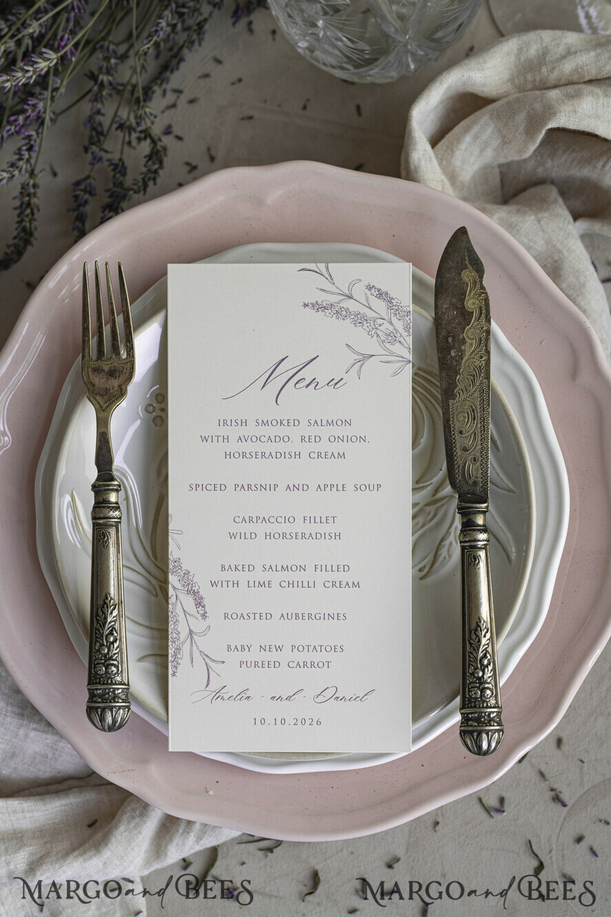 MENU & PROGRAMS romantic Lavender Floral Wedding Menu, Luxury Ecru Dinner Menu, Chiffon Ribbon Wedding Menu, Elegant Reception Menu Cards