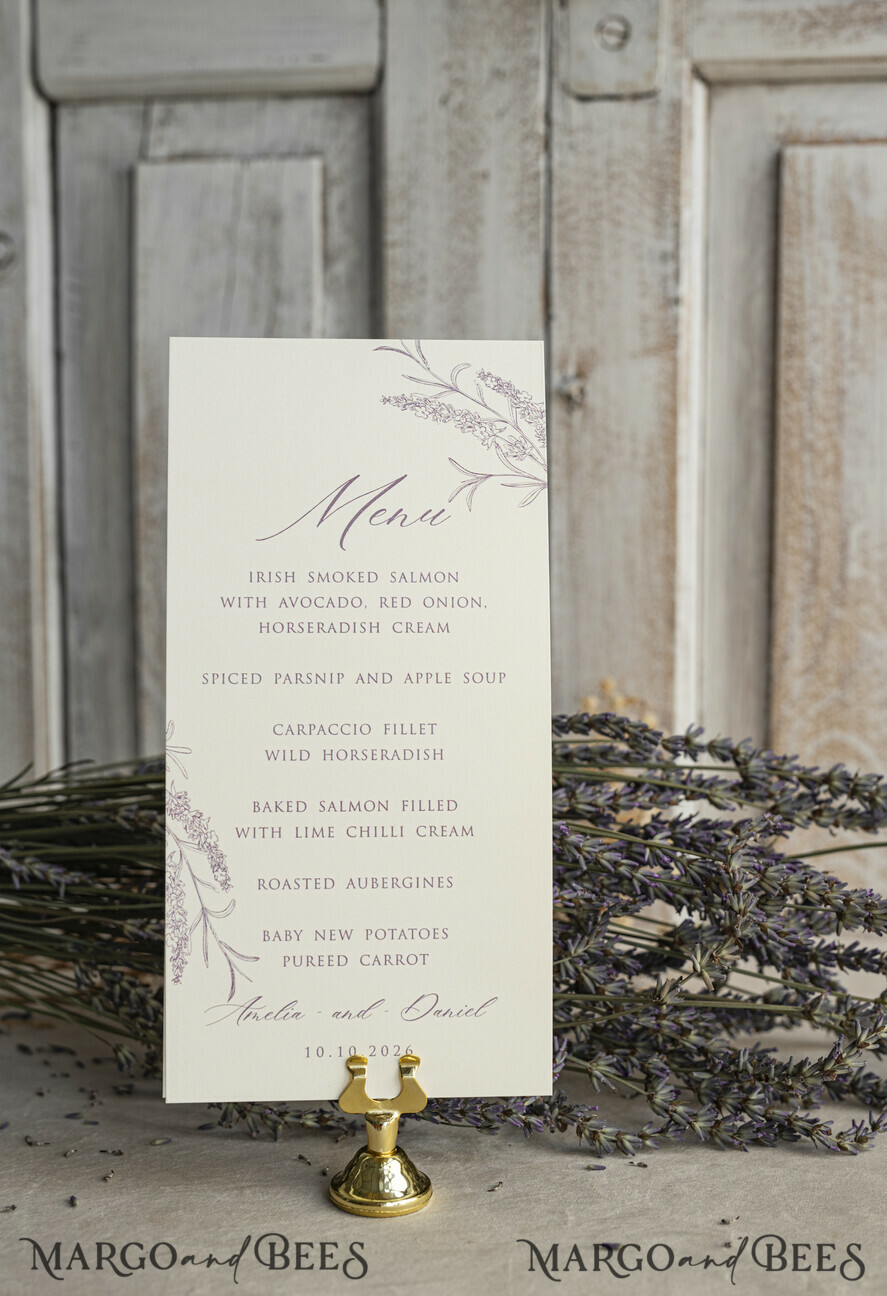 MENU & PROGRAMS romantic Lavender Floral Wedding Menu, Luxury Ecru Dinner Menu, Chiffon Ribbon Wedding Menu, Elegant Reception Menu Cards