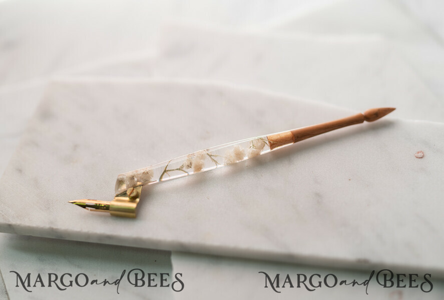Wood and resin English Oblique Pen, Handmade resin baby breath flowers  Wooden Antique Dip Pen, Wood