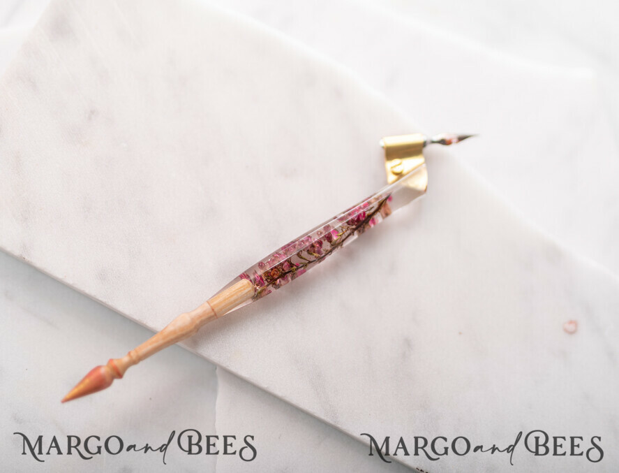 Wood and resin English Oblique Pen, Handmade resin baby breath flowers  Wooden Antique Dip Pen, Wood Oblique Calligraphy Pen Holder, perfect gift  for her, practicing Quill