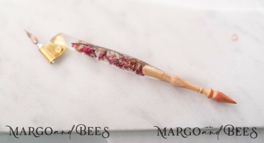 Wood and resin English Oblique Pen, Handmade resin baby breath flowers  Wooden Antique Dip Pen, Wood Oblique Calligraphy Pen Holder, perfect gift  for