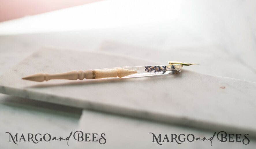 Wood and resin English Oblique Pen, Handmade resin baby breath