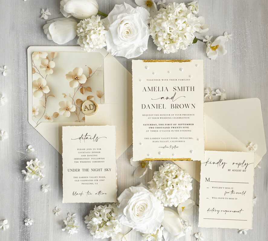 HOCHZEITS EINLADUNGEN moderne Kalligraphie / feine Kunst Feine Kunst Elfenbein Gold Hochzeitseinladung, Florale Hochzeitseinladung, Beigefarbene florale Einladungskollektion, Kranz Monogramm Hochzeitseinladungskollektion, Zackenschnitt Einladungen