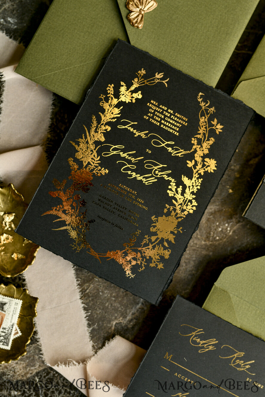 WEDDING INVITATIONS modern calligraphy / fine art Sage green  Fine Art Wedding Invitations with Gold Leaf, Deckled Edges, RSVP  qr code Silk Ribbon Bespoke Elegant Wedding Suite