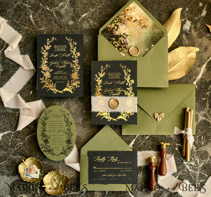 WEDDING INVITATIONS modern calligraphy / fine art Sage green  Fine Art Wedding Invitations with Gold Leaf, Deckled Edges, RSVP  qr code Silk Ribbon Bespoke Elegant Wedding Suite