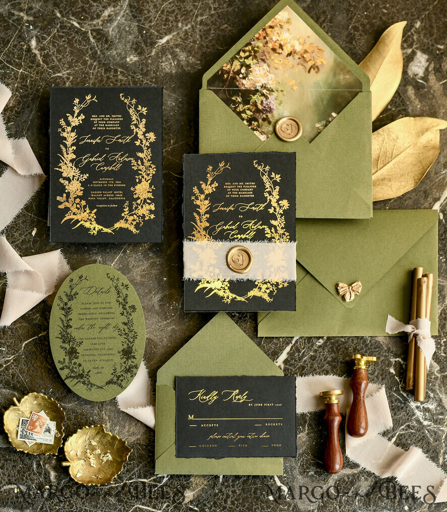 WEDDING INVITATIONS modern calligraphy / fine art Sage green  Fine Art Wedding Invitations with Gold Leaf, Deckled Edges, RSVP  qr code Silk Ribbon Bespoke Elegant Wedding Suite