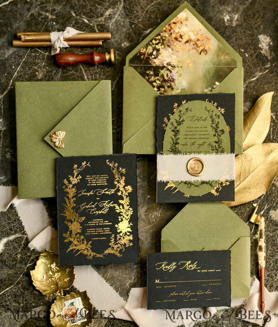 WEDDING INVITATIONS modern calligraphy / fine art Sage green  Fine Art Wedding Invitations with Gold Leaf, Deckled Edges, RSVP  qr code Silk Ribbon Bespoke Elegant Wedding Suite