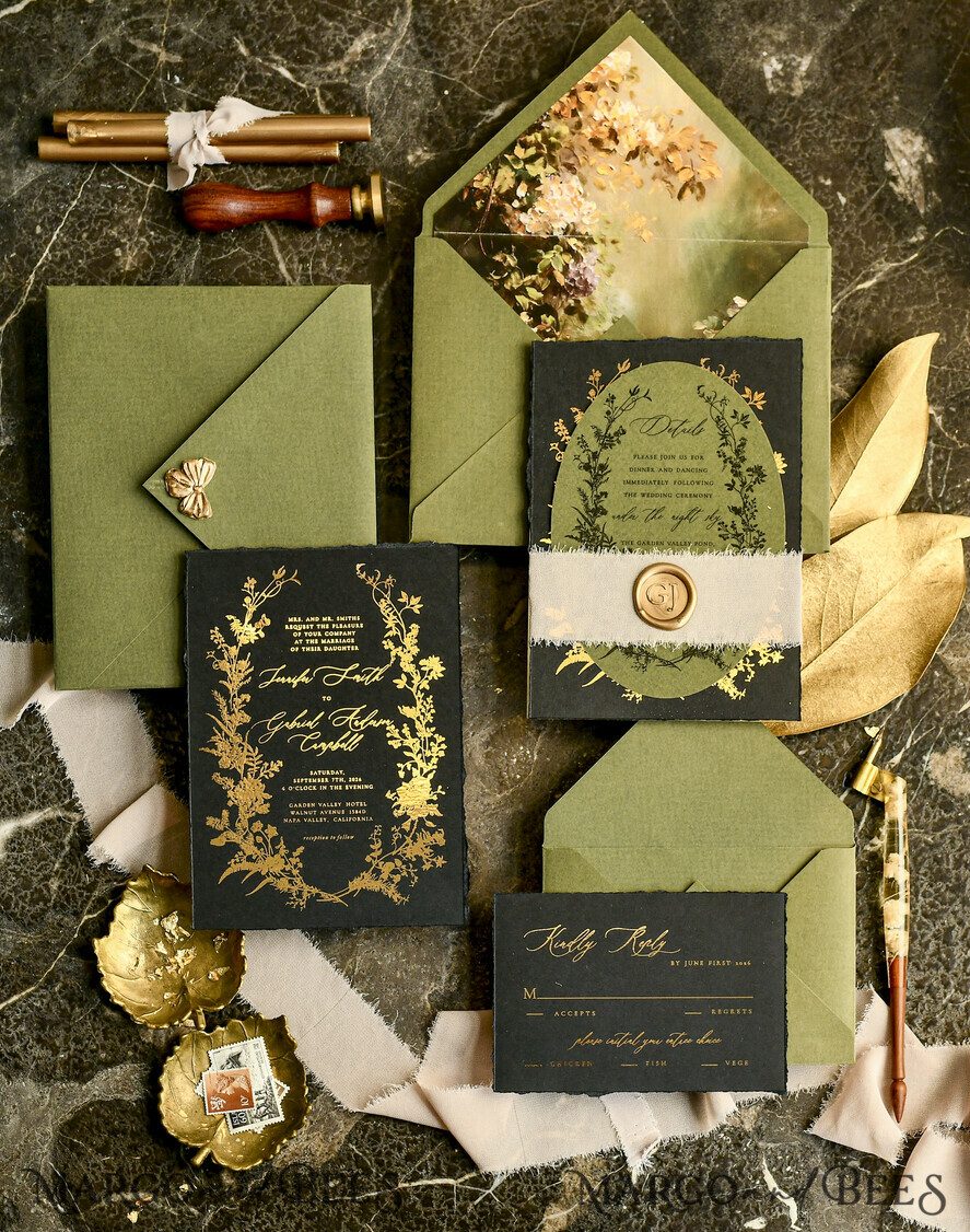 WEDDING INVITATIONS modern calligraphy / fine art Sage green  Fine Art Wedding Invitations with Gold Leaf, Deckled Edges, RSVP  qr code Silk Ribbon Bespoke Elegant Wedding Suite