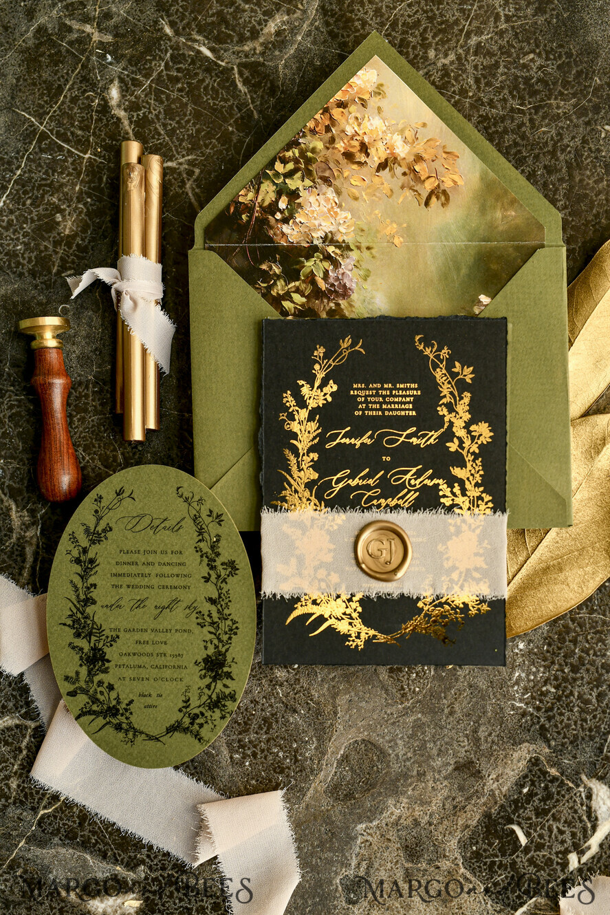 WEDDING INVITATIONS modern calligraphy / fine art Sage green  Fine Art Wedding Invitations with Gold Leaf, Deckled Edges, RSVP  qr code Silk Ribbon Bespoke Elegant Wedding Suite