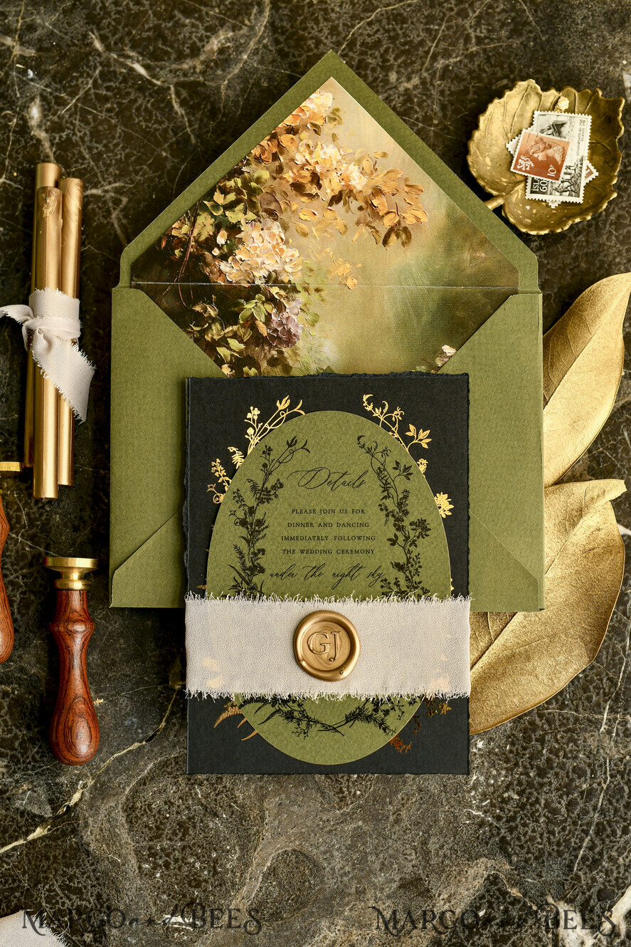 WEDDING INVITATIONS modern calligraphy / fine art Sage green  Fine Art Wedding Invitations with Gold Leaf, Deckled Edges, RSVP  qr code Silk Ribbon Bespoke Elegant Wedding Suite